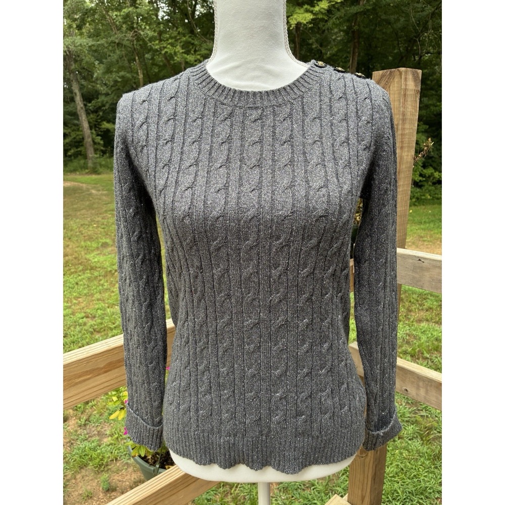 Gray Metallic Cable Knit Sweater Gold Button Shoulder Preppy Coquette Size Small